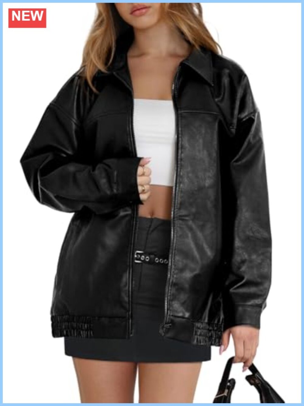 Faux Leather Oversized Moto Jacket Long Sleeve Zip Fall Winter Coat